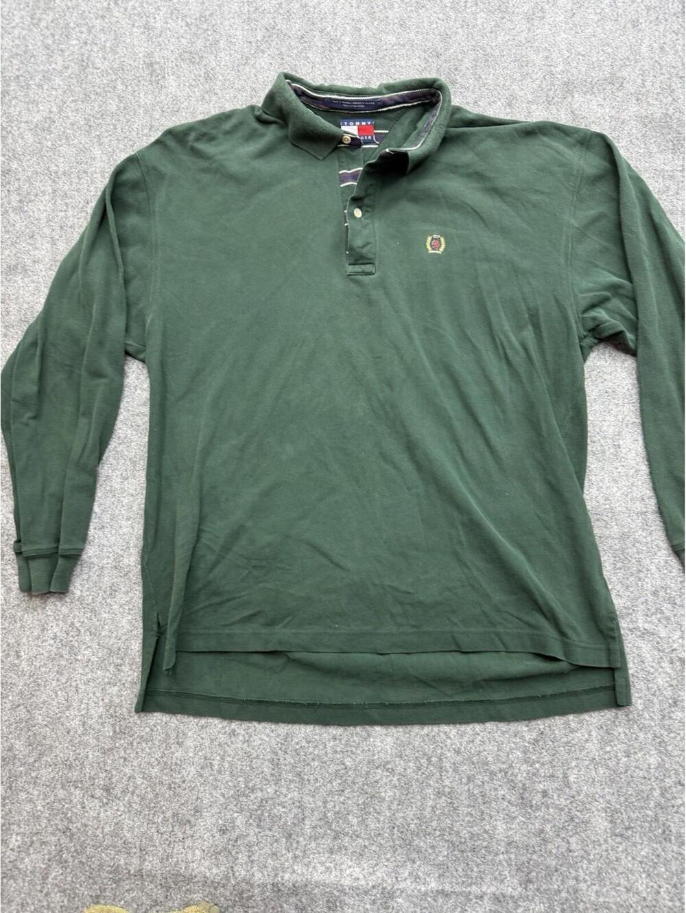Vintage Tommy Hilfiger Polo Shirt Mens XL Green Rugby long sleeve crest 90s